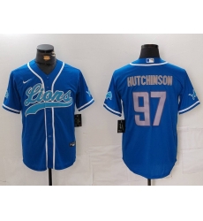 Men Detroit Lions 97 Aidan Hutchinson Blue Cool Base Stitched Baseball Jersey