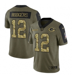 Men Green Bay Packers 12 Aaron Rodgers 2021 Salute To Service Olive Camo Limited Stitched Jersey