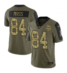 Men Minnesota Vikings 84 Randy Moss 2021 Salute To Service Olive Camo Limited Stitched Jersey