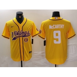 Men Minnesota Vikings 9 J J  McCarthy Yellow Cool Base Stitched Baseball Jersey 2