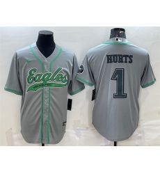 Men Philadelphia Eagles 1 Jalen Hurts Grey With Patch Cool Base Stitched Baseball Jerseys