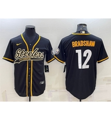 Men Pittsburgh Steelers 12 Terry Bradshaw Black With Patch Cool Base Stitched Baseball Jersey