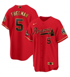 Men Atlanta Braves 5 Freddie Freeman 2021 Red Gold World Series Champions With 150th Anniversary Patch Cool Base Stitched Jersey