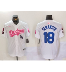 Men Los Angeles Dodgers 18 Yoshinobu Yamamoto White Pink Vin  26 Kobe Patch Stitched Baseball Jersey 1