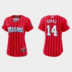 Miami Marlins 14 Adam Duvall Women Nike 2021 City Connect Authentic MLB Jersey Red