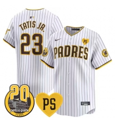 Men San Diego Padres 23 Fernando Tatis Jr  White  u201CFor Peter u201D And Petco Park 20th Patch Limited Stitched Baseball Jersey