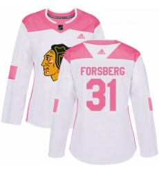 Womens Adidas Chicago Blackhawks 31 Anton Forsberg Authentic WhitePink Fashion NHL Jersey 