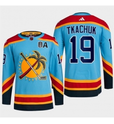 Men Florida Panthers 19 Matthew Tkachuk Blue 2024 Stanley Cup Final Patch Reverse Retro Stitched Jersey