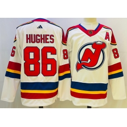 Men New Jersey Devils 86 Jack Hughes White 2022 23 Reverse Retro Stitched Jersey