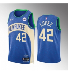 Men Milwaukee Bucks 42 Robin Lopez 2023 24 Blue City Edition Stitched Basketball Jersey